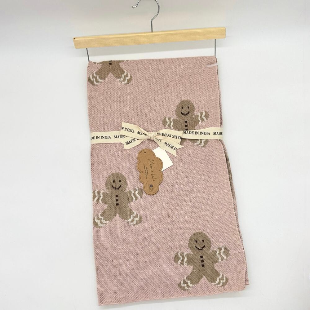 Baby Blanket Made In India Pink & Brown Gingerbread Men Christmas Holiday NEW